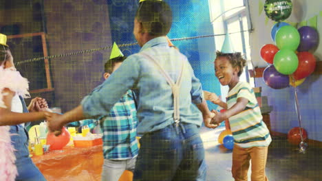 animación de formas sobre diversos niños bailando en una fiesta de cumpleaños