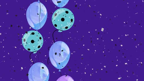 Animation-of-blue-balloons-flying-and-falling-confetti-over-blue-background