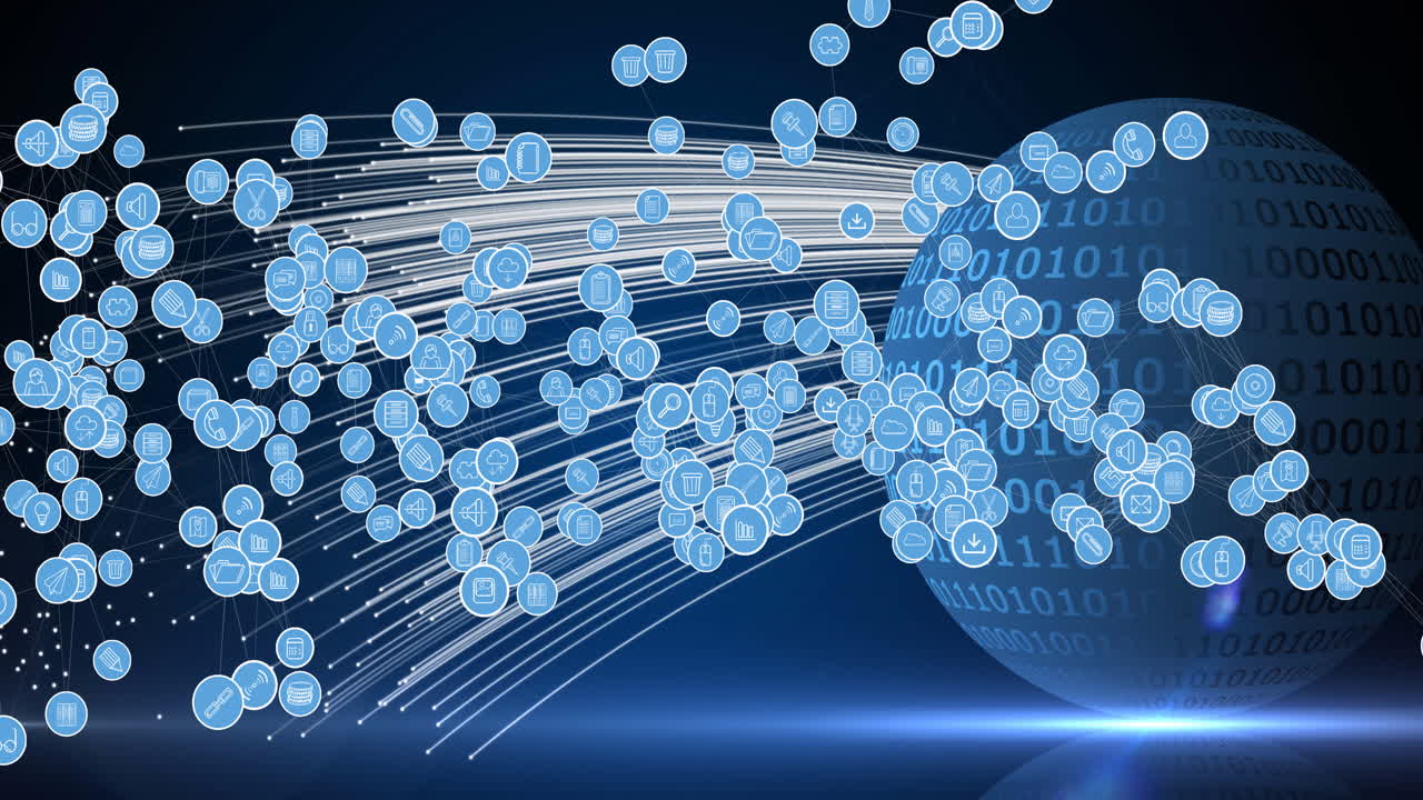 전 세계를 배경으로 디지털 아이콘으로 연결하는 네트워크의 애니메이션