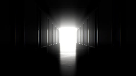 seamless motion through the dark corridor with many closed doors to the bright white exit. looped 3d animation light in the end. business and technology concept.