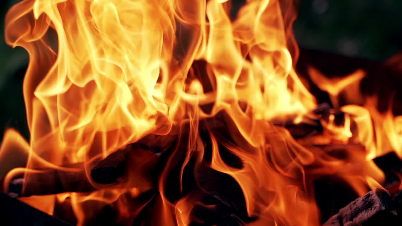 Orange fire flames in campfire. Beautiful view of bright flames outdoor. Burning logs in bonfire. Close-up.