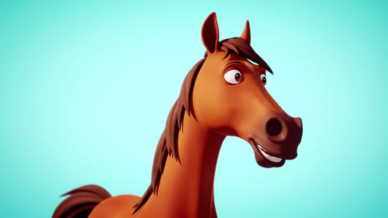A Captivating Animated Horse Character Expresses Emotion with Cute Expression Against a Bright Blue Background, Showcasing Its Playful Nature and Charm