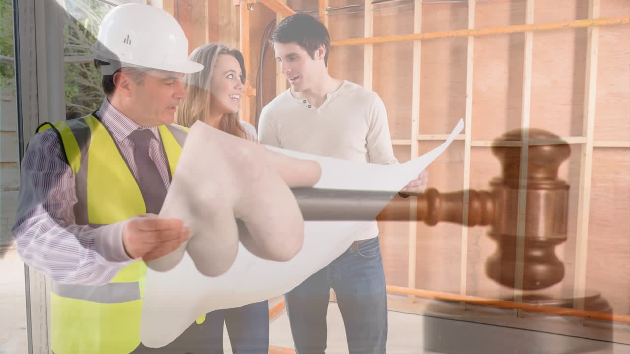 animación digital de una pareja discutiendo el proyecto con un ingeniero 4k