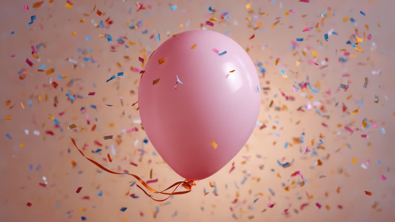 Un allegro palloncino rosa fluttua tra una vivace pioggia di coriandoli colorati, creando un'atmosfera festosa che cattura la gioia e l'entusiasmo delle celebrazioni.