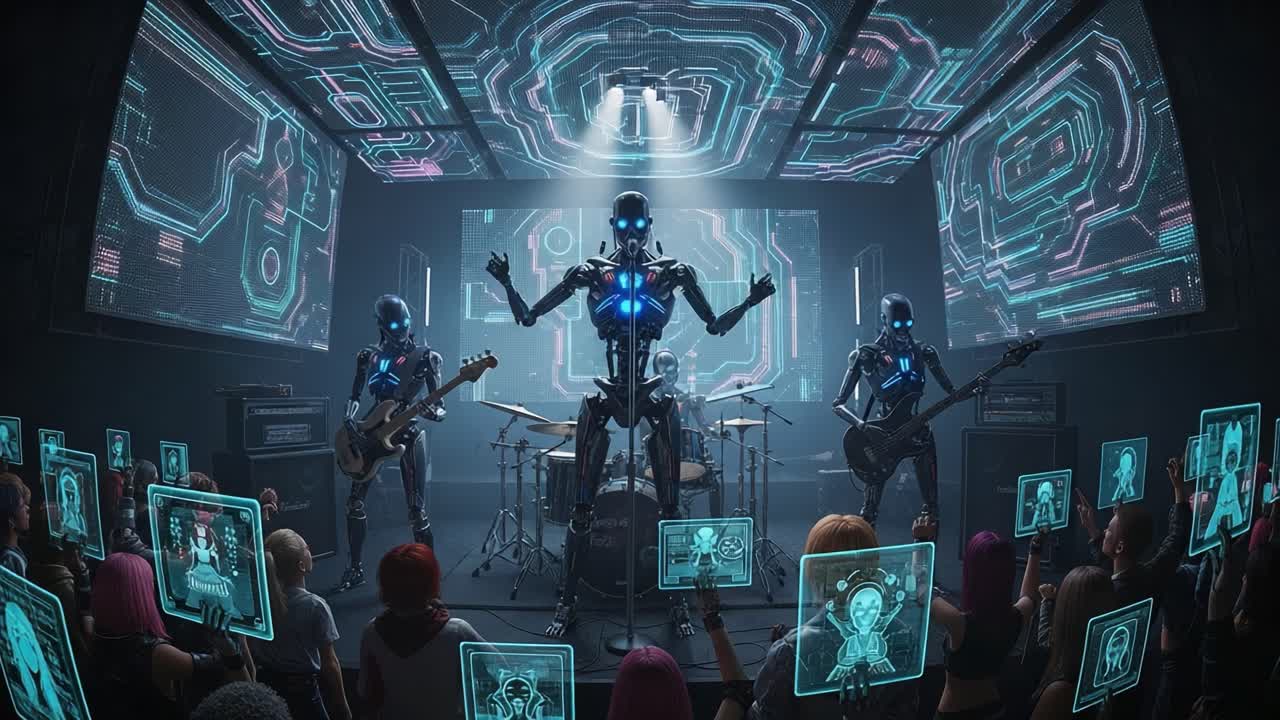 Futuristic Band Performance by Robots: A Glimpse into a Digital Concert with Cybernetic Musicians Captivating a Virtual Audience in a High-Tech Environment