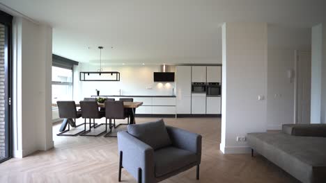 interior of spacious kitchen with dining area