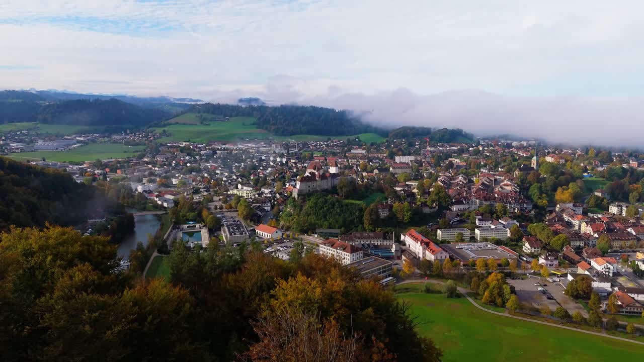 Aerial View of a Town in Switzerland with a Castle
