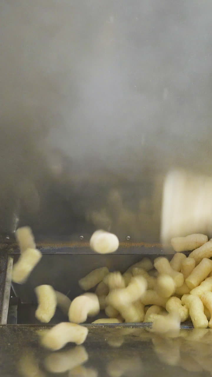 Yellow corn sticks falling down into a metal container. Automatic production of snacks in a food factory. Vertical video