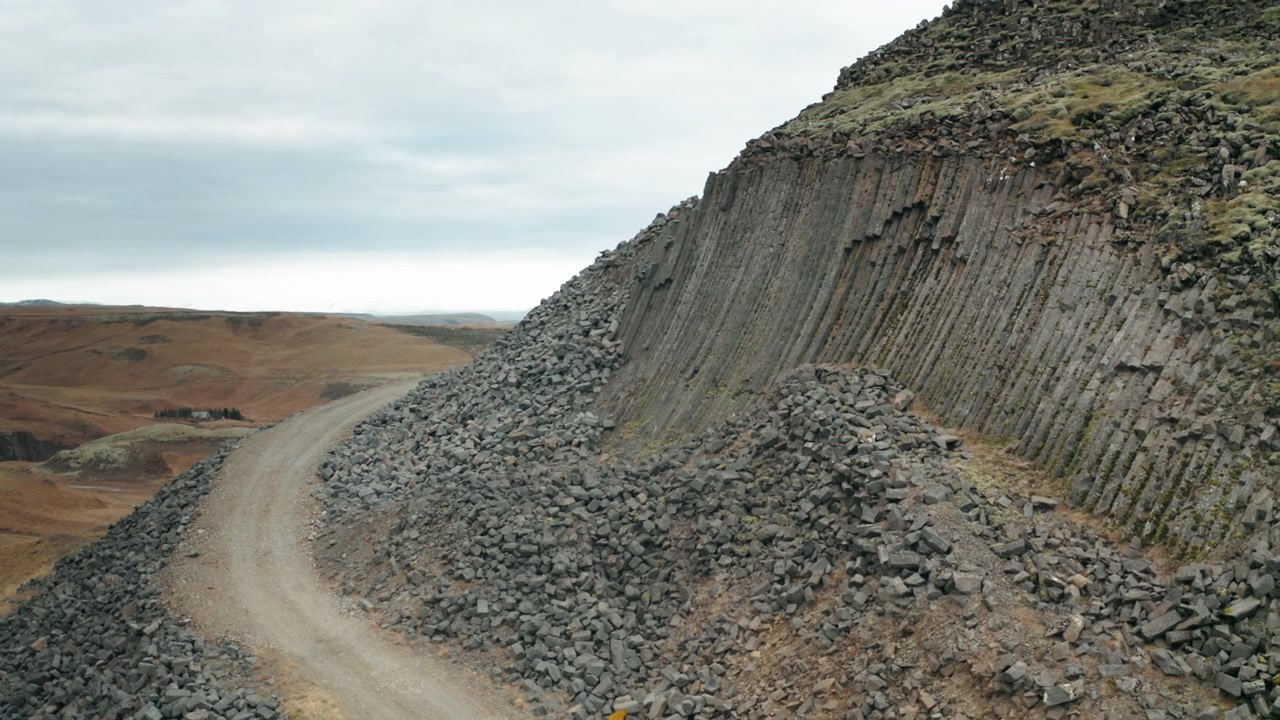 Hljóðaklettar, echo rocks on Iceland, droneshot going right to left