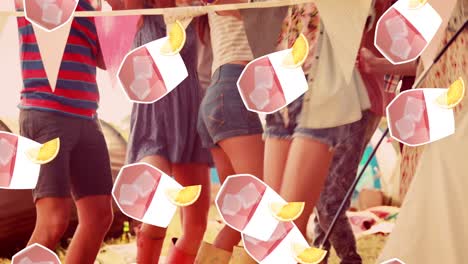animación de los iconos de las bebidas sobre diversos amigos bailando