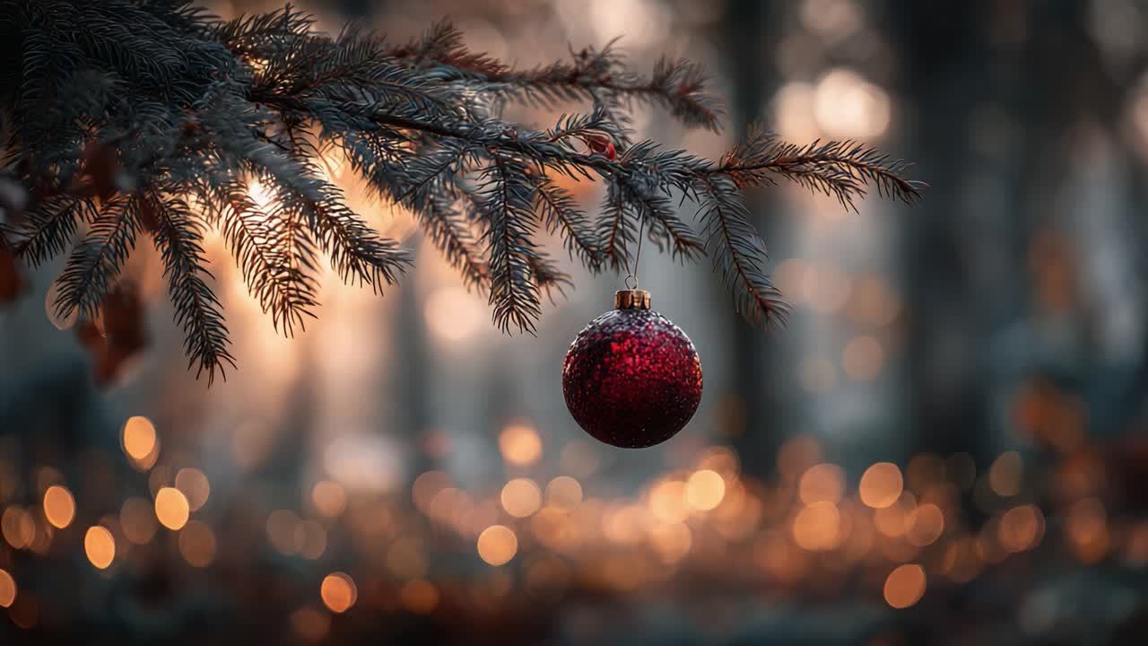 Kimaltava punainen koriste roikkuu sulavasti kuuraiselta joulukuusen oksalta, pehmeiden bokeh-valojen valaisemana rauhallisena talvikautena.