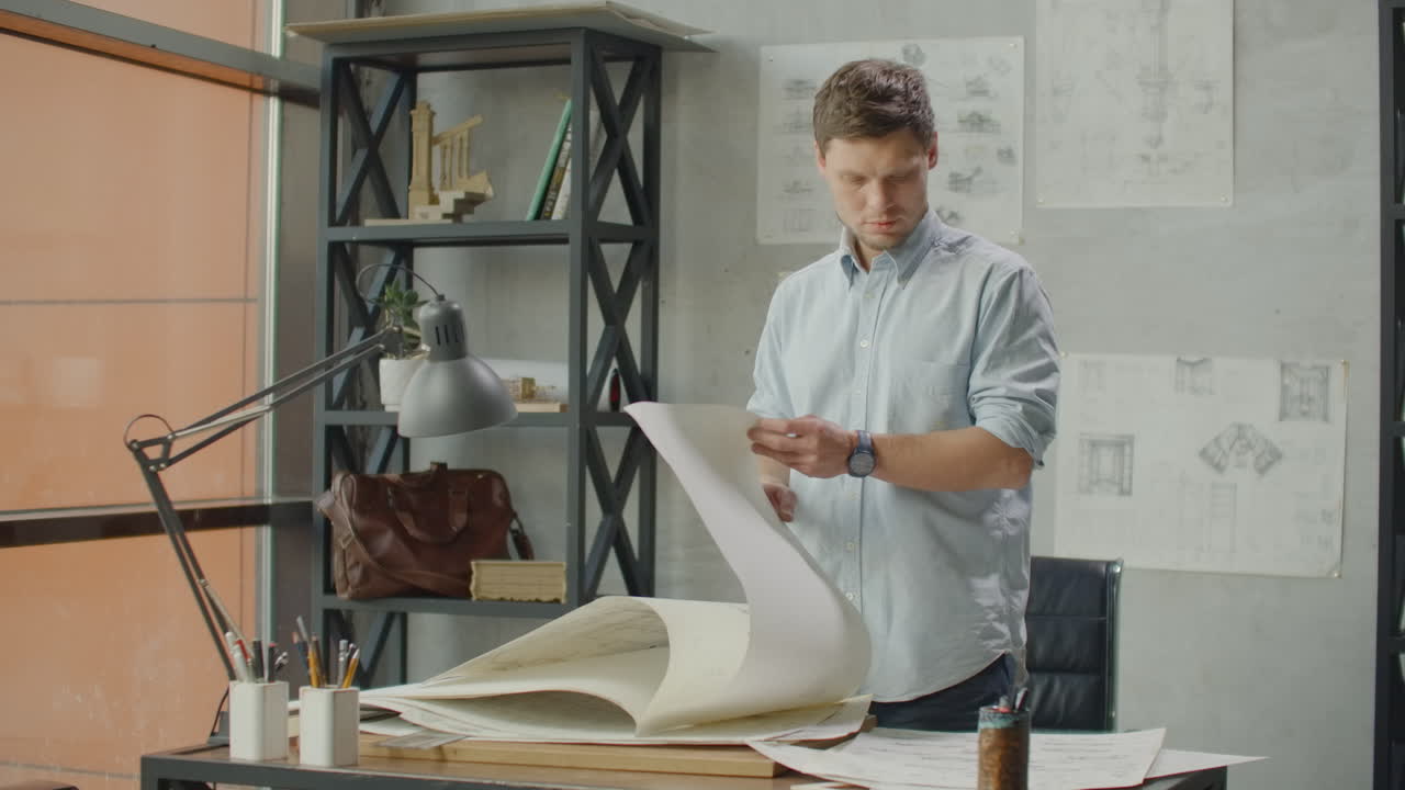 инженер работает в ярком офисе с большим окном, концентрируется и рисует чертежи. рабочее место архитектора или дизайнера: минималистские интерьерные рисунки в стиле лофта и кофе на столе.