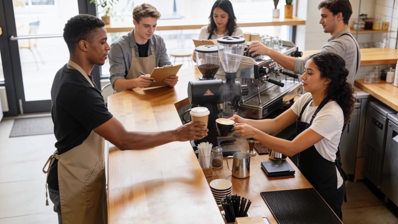 Barista i forkle heller melk på en vekt ved kafédisken, og gir en kopp til en kunde som henter bestillingen sin.