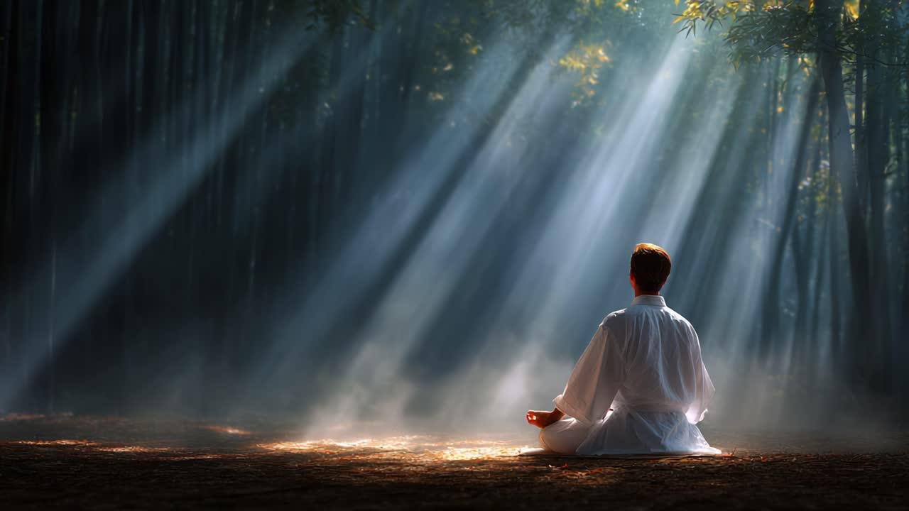 A Serene Meditation in Nature: A Peaceful Individual Seated in the Tranquil Bamboo Forest With Ethereal Light Rays Streaming Through the Trees