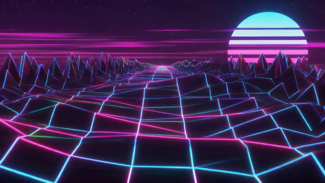 Lanskap Synthwave Retro dengan Kisi Bercahaya dan Efek Gangguan Digital