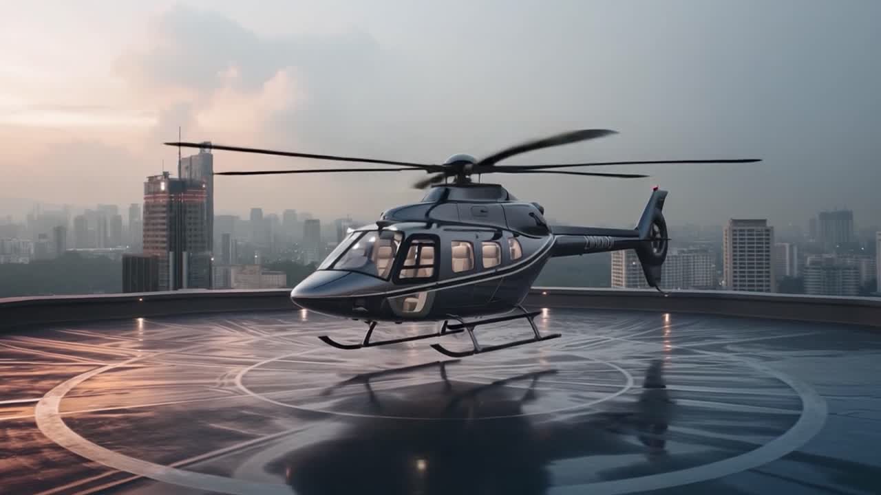 Helicopter on a Helipad with City View