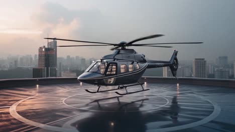 helicopter on a helipad with city view