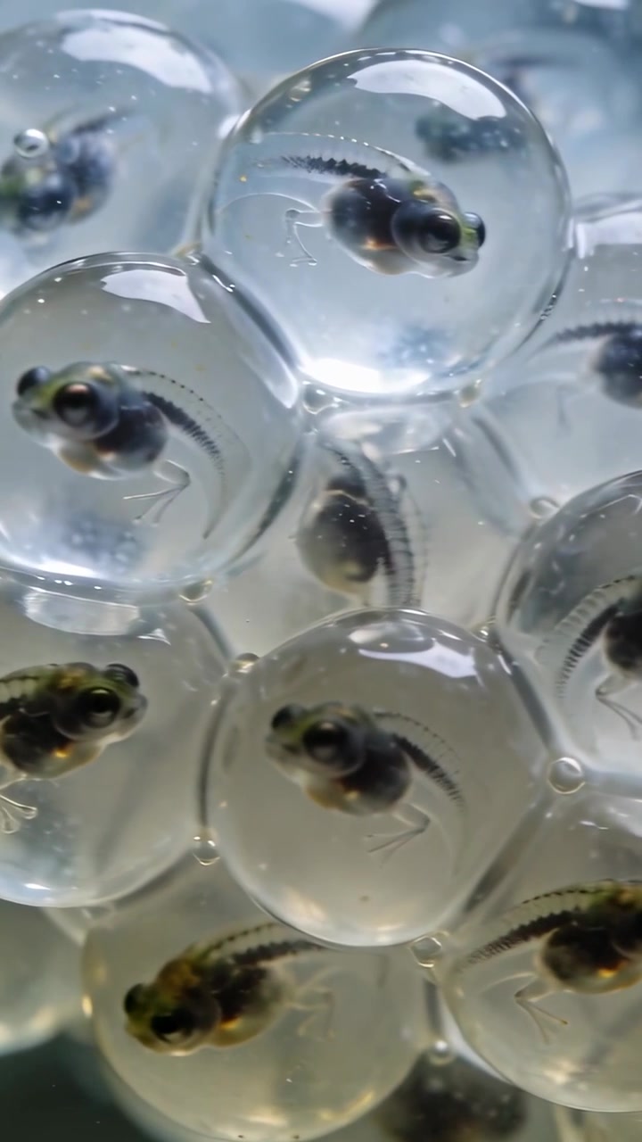 Vertical video: Panning camera revealing clear egg cluster in shallow dish, embryos showing growth
