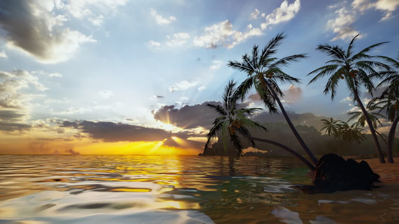 Sunrise On Tropical Island Sea Beach, Calm Ocean Sunset, Morning Dawn Panorama Landscape, Palm Tree Leaves Silhouette, Yellow Sun Reflection