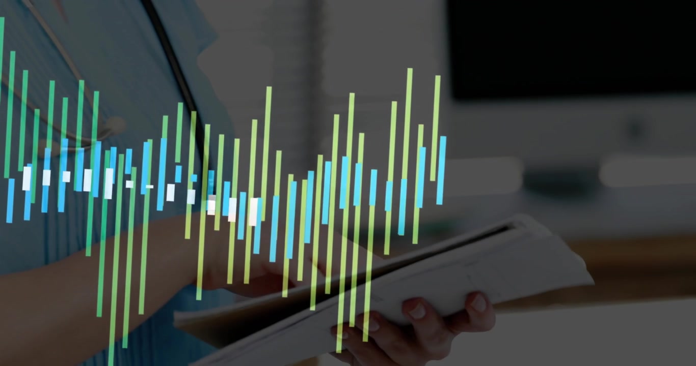 Nurse reviewing clipboard and accepting documents while animated waveform pulsing signaling audio