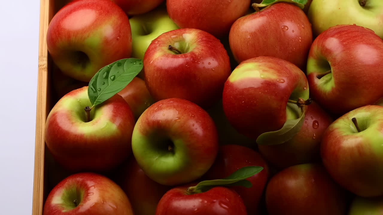 Maçãs frescas vermelhas e verdes com gotas de água em um caixote de madeira.