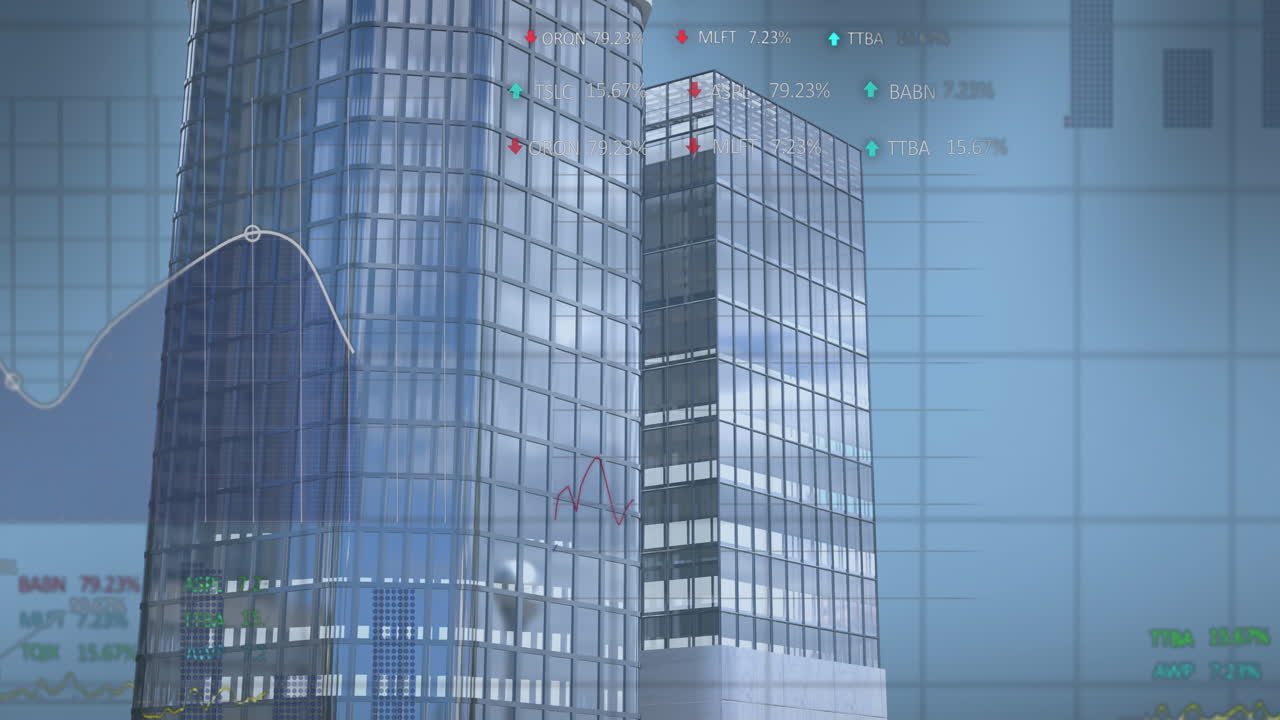 現代的なオフィスビルの上で財務データ処理のアニメーション