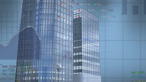 animation of financial data processing over modern office buildings