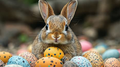 bunny surrounded by colorful speckled easter eggs in a festive setting