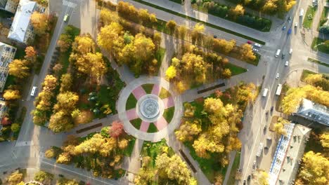 square around the fountain at sunny autumn day. aerial view of yoshkar-ola, russia