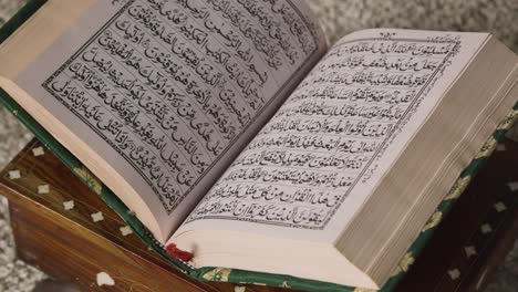 close up of open copy of the quran on stand at home 3