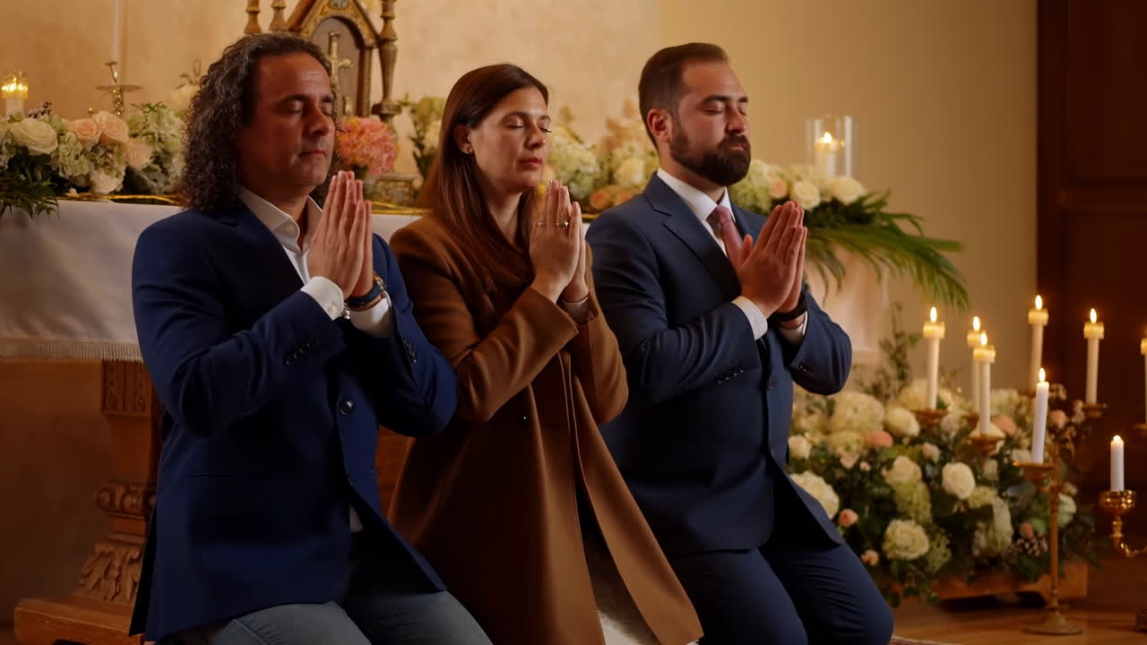Kilisede diz çökmüş üç yetişkin, çiçekli sunağın yanında samimi mum ışığında tören, eller duada birleşmiş, sıcak.