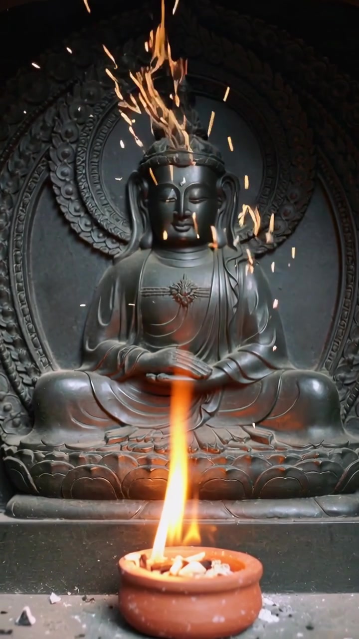Video verticale: Accensione di combustibile in una ciotola di terracotta che manda scintille verso una nicchia del santuario, con una statua di Buddha.