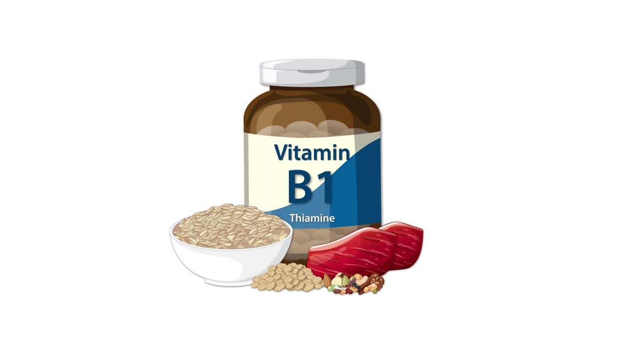Vitamin B1 bottle appears with oats, red meat, and beans in clean, minimal animation