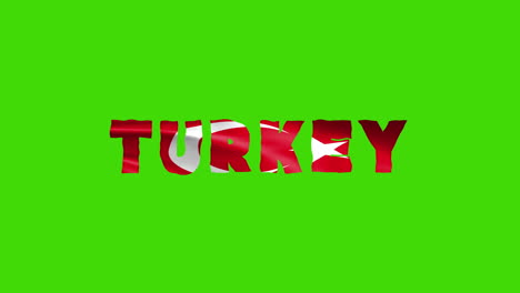 turkey country wiggle text animation lettering with her waving flag blend in as a texture - green screen background chroma key loopable video