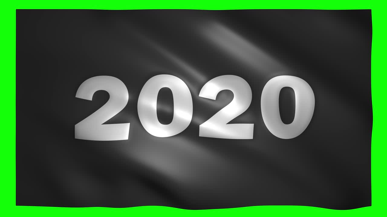 2020 scritto sulla bandiera nera sullo schermo verde per la chiave croma