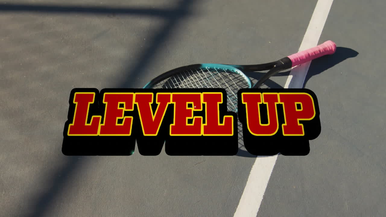 Tennis racket on court with Level Up text animation overlay
