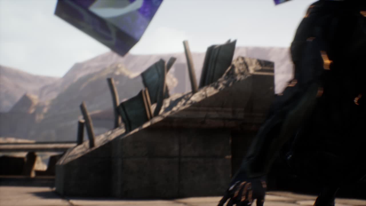 escena cgi, hombre guerrero negro alienígena de pie mirando a una ballena gigante volando en el cielo en un hermoso entorno de templo soleado