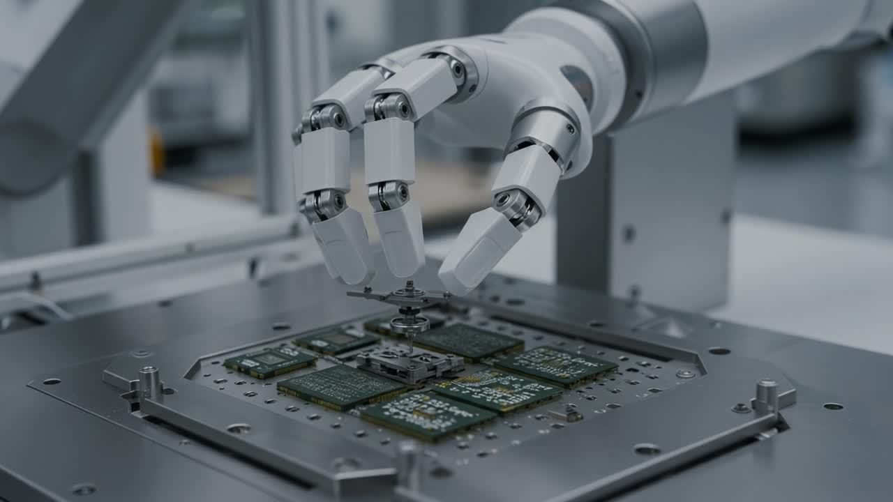 A Robotic Hand Precisely Assembles Electronic Components, Demonstrating Advanced Manufacturing Technology in a High-Tech Environment