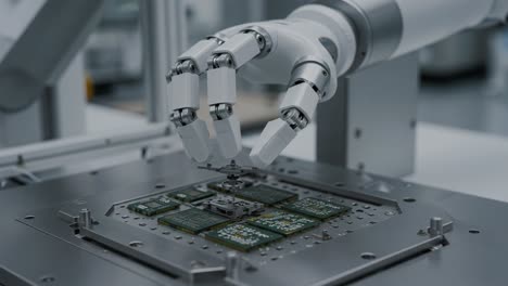 a robotic hand precisely assembles electronic components, demonstrating advanced manufacturing technology in a high-tech environment