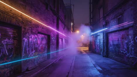 an urban alleyway at night with colorful lights and graffiti