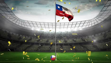 Animation-of-gold-confetti-falling-over-flag-of-chile-at-sports-stadium