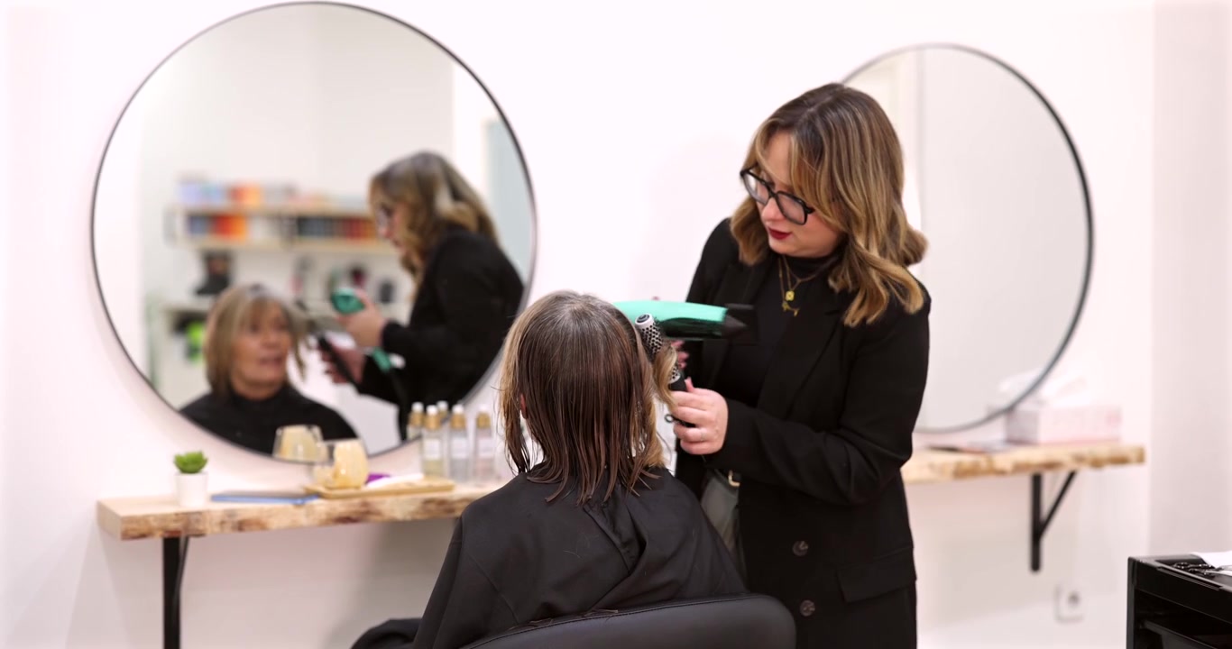 Professional Hairdresser Drying Client's Hair in Salon