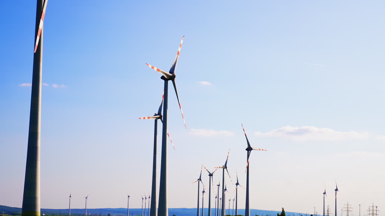 Blades of windmills rotate slowly in the wind. Low angle view at the wind turbines at the backdrop of blue sky.