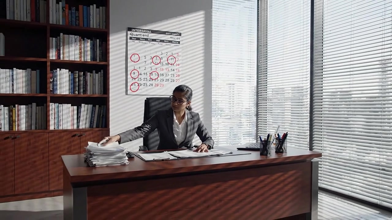 Professionista concentrato lavora a una scrivania moderna in un ambiente d'ufficio luminoso con luce naturale che filtra attraverso le tende, impegnato in compiti importanti e pianificazione.