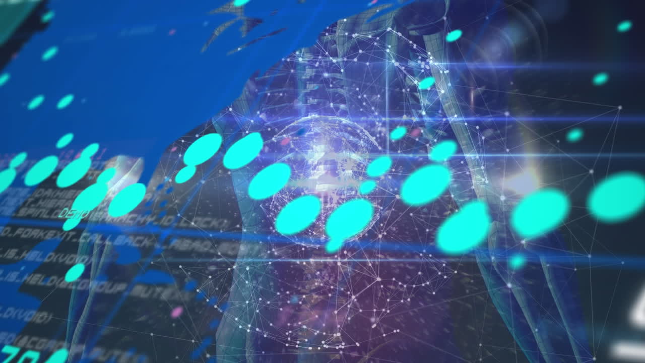 검은색 바탕에 그래프, 연결, 지구와 인간 모델의 애니메이션