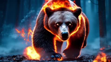 a bear standing in the middle of a forest with flames coming out of its mouth