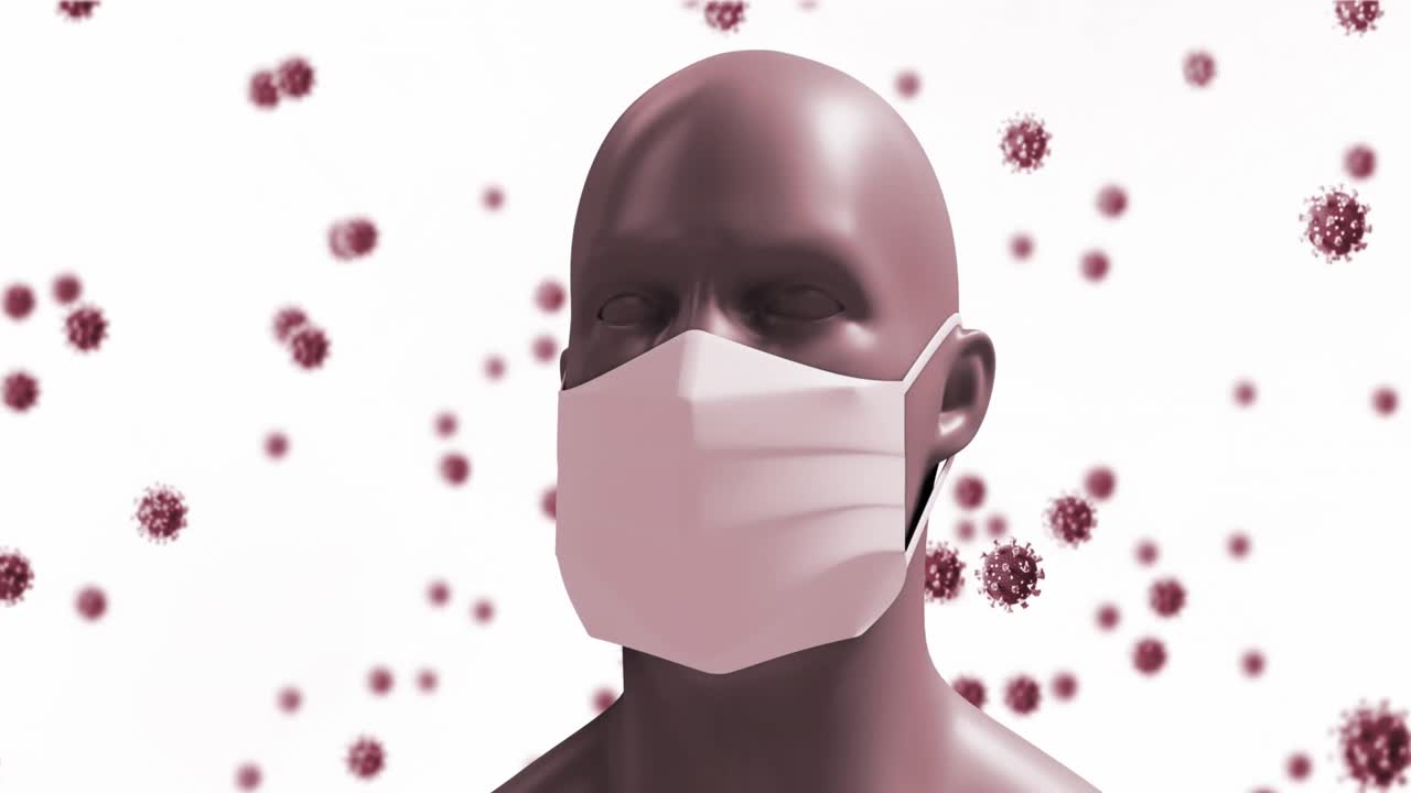 Animation of a digital human head wearing a face mask with giant virus models floating