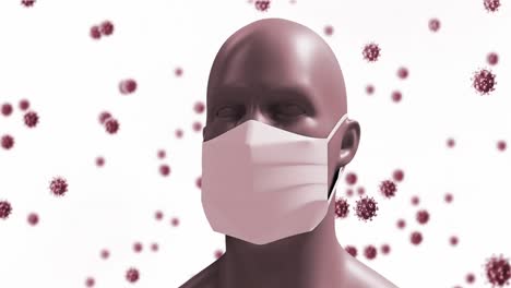 animation of a digital human head wearing a face mask with giant virus models floating