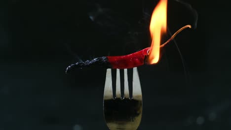 red dried indian chili on fire speared by a silver fork on a black backrop