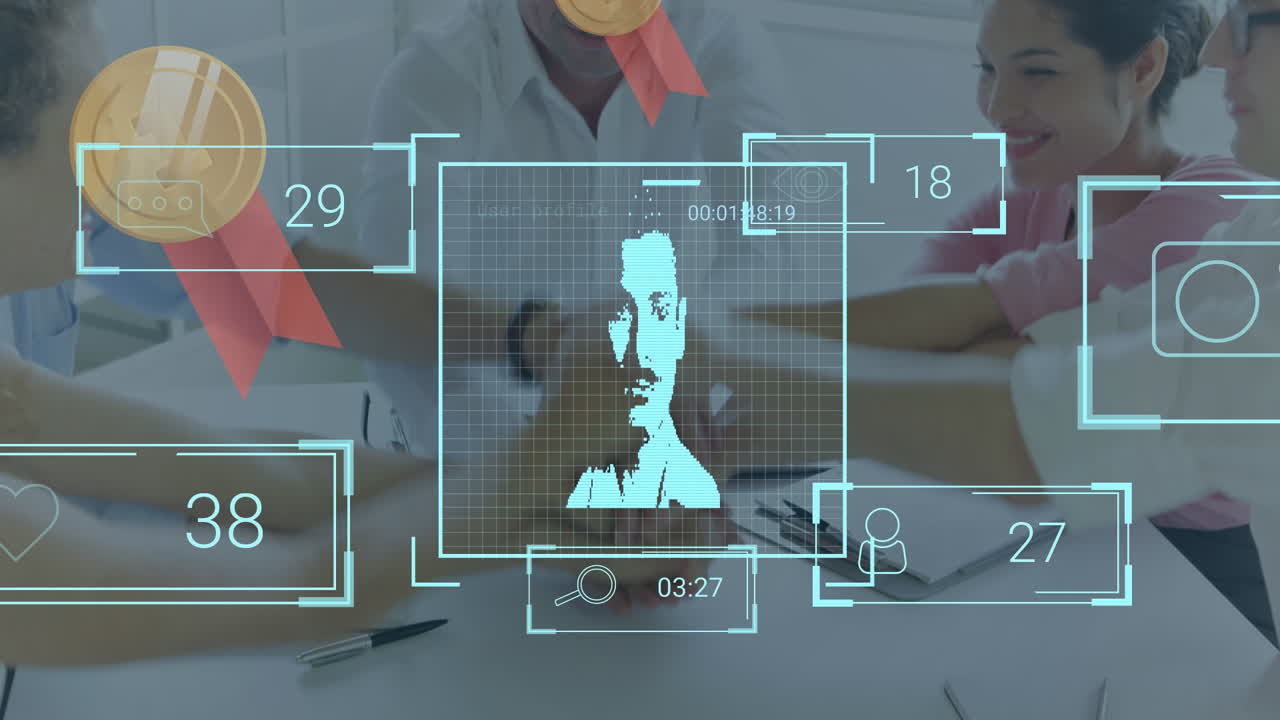 cambiando los íconos de perfil y los ícones de la medalla de oro sobre diversos hombres de negocios apilando sus manos